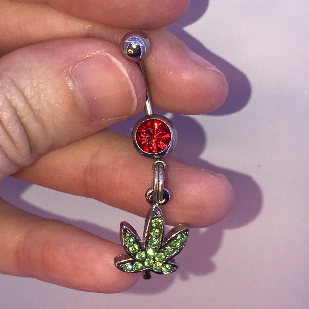 Green Rhinestone Leaf With Red Top Rhinestone Pot Leaf Dangle Belly Ring